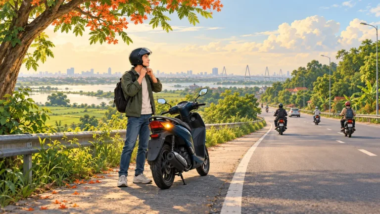 Minh họa người lái tấp xe máy vào lề đường an toàn.