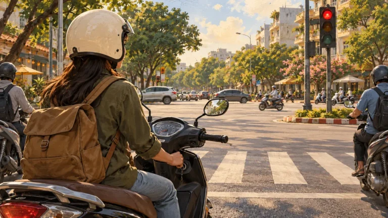 Minh họa người đi xe máy chờ đèn đỏ và cân nhắc tắt động cơ.