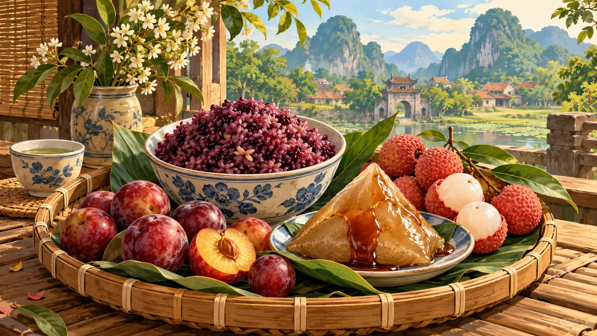 Minh họa cơm rượu nếp, bánh gio, mận và vải dịp Tết Đoan Ngọ.