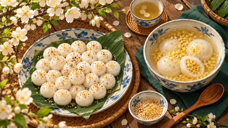 Minh họa bánh trôi và bánh chay trong Tết Hàn thực.