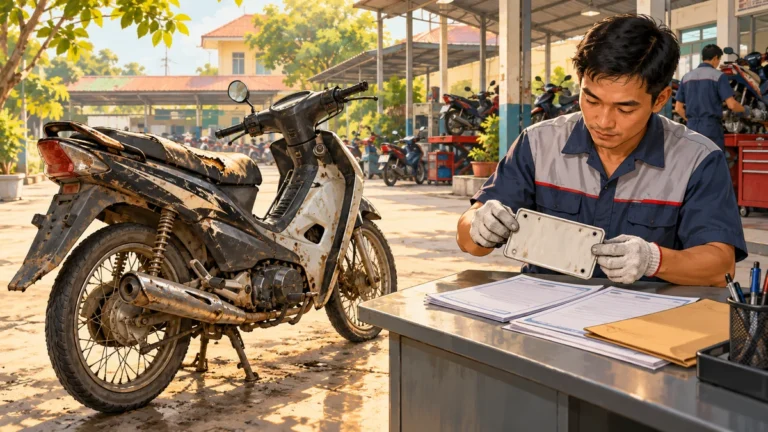 Minh họa xe máy cũ và giấy tờ làm thủ tục thu hồi biển số.