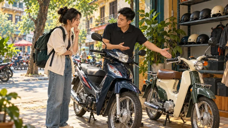 Minh họa sinh viên lựa chọn xe máy thuê phù hợp tại Đống Đa.