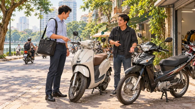 Minh họa người đi làm chọn xe máy thuê theo tháng tại Giảng Võ.