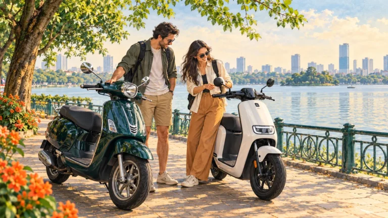 Minh họa lựa chọn xe tay ga và xe điện cho hành trình quanh Hồ Tây.