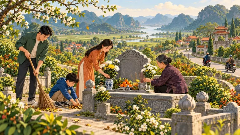 Minh họa gia đình tảo mộ trong tiết Thanh minh ở miền Bắc.