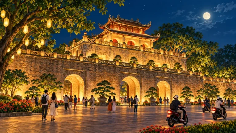 Minh họa cổng Đoan Môn tại Hoàng thành Thăng Long về đêm.