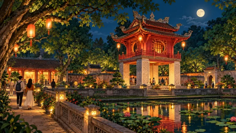 Minh họa tham quan Văn Miếu vào buổi tối.