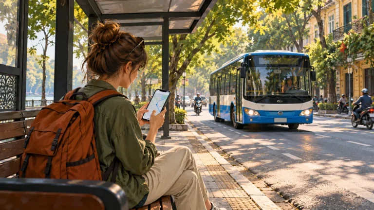 Minh họa tìm đường đi và xem xe buýt sắp tới bằng điện thoại.