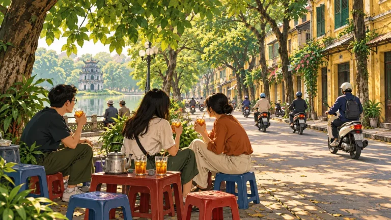 Minh họa quán trà đá vỉa hè Hà Nội với bàn ghế thấp dưới bóng cây.