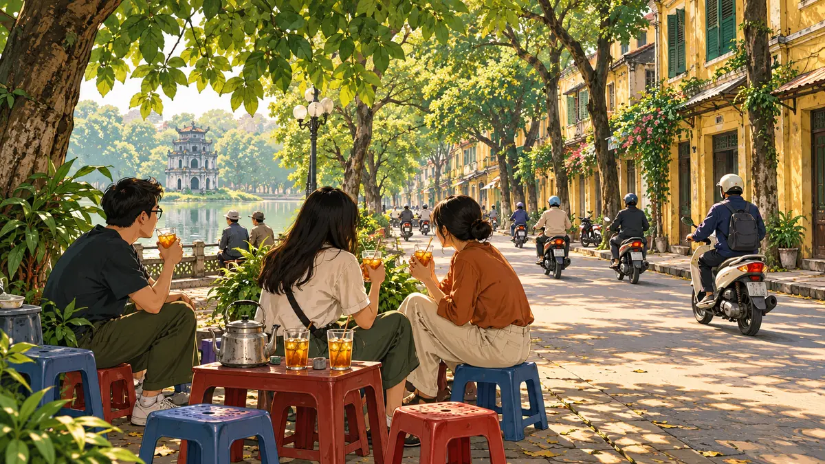 Minh họa quán trà đá vỉa hè Hà Nội với bàn ghế thấp dưới bóng cây.