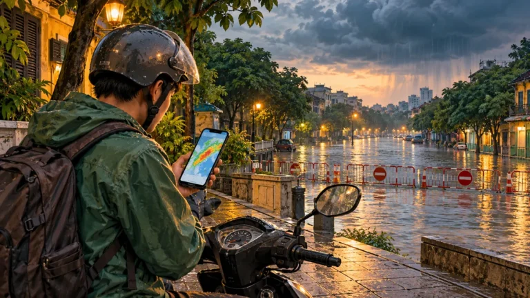 Minh họa người đi xe máy kiểm tra thông tin mưa ngập để đổi tuyến.