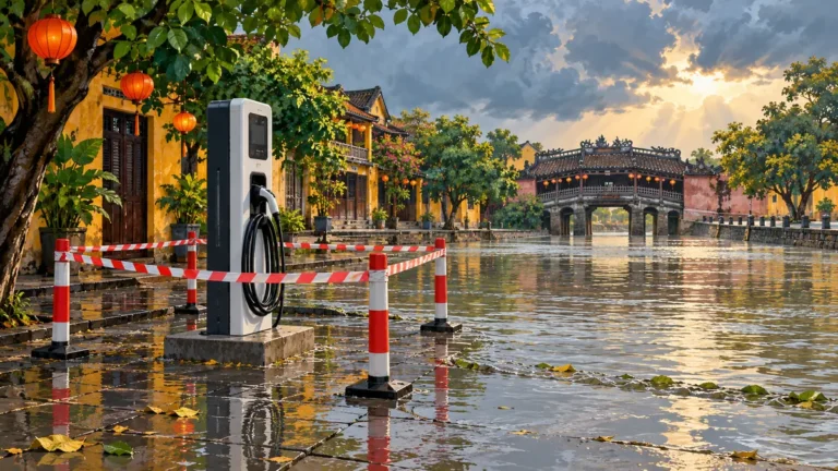 Minh họa trạm sạc ngoài trời được cách ly khi khu vực bị ngập nước.