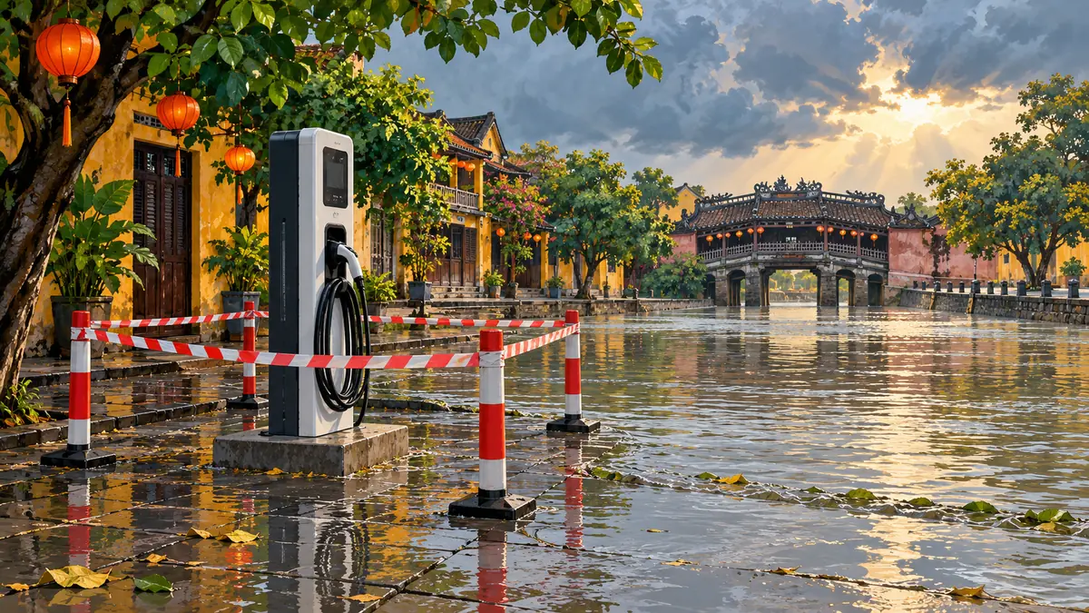 Minh họa trạm sạc ngoài trời được cách ly khi khu vực bị ngập nước.
