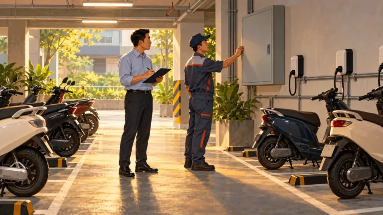 Minh họa ban quản lý cùng kỹ thuật viên rà soát khu sạc xe điện chung cư.