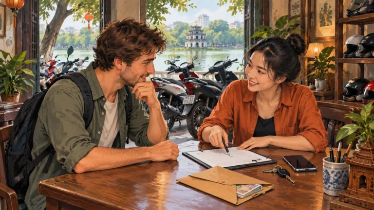 Minh họa khách và cửa hàng trao đổi về tiền cọc thuê xe máy.