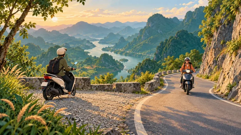 Minh họa xe máy nhường nhau tại chỗ tránh trên đường núi hẹp.