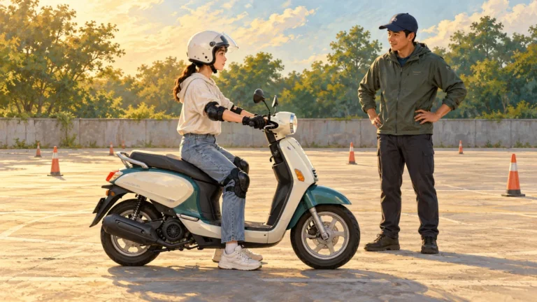 Minh họa người mới điều chỉnh tư thế ngồi trên xe tay ga 50cc.