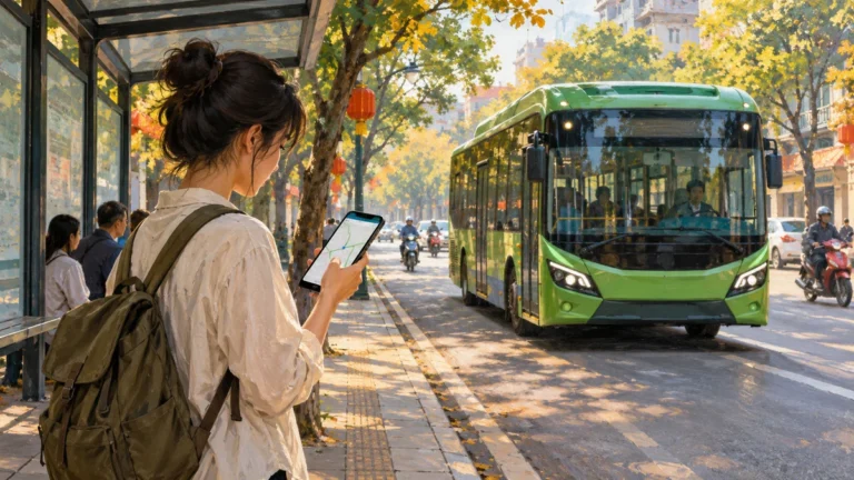 Minh họa hành khách tra tuyến xe buýt trên điện thoại tại điểm dừng.