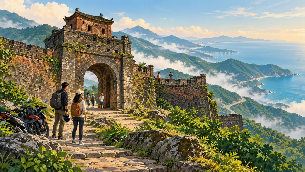 Minh họa Hải Vân Quan giữa đèo núi và cảnh biển miền Trung.