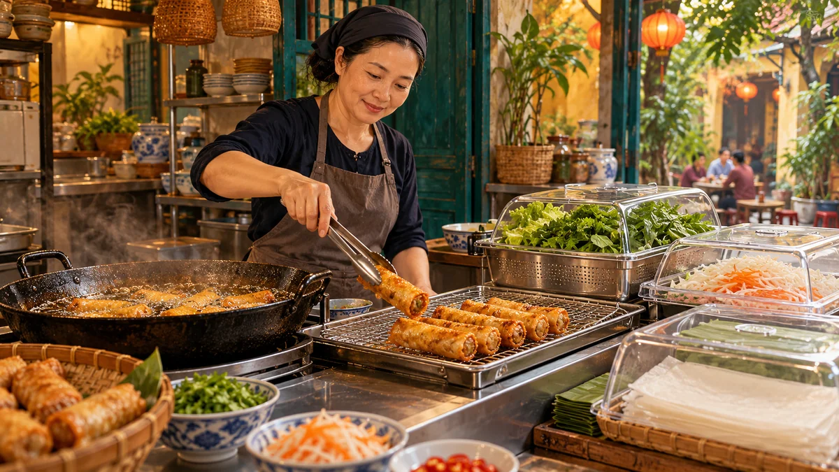 Minh họa nem rán được gắp lên khay sạch trong khu bếp gọn gàng.