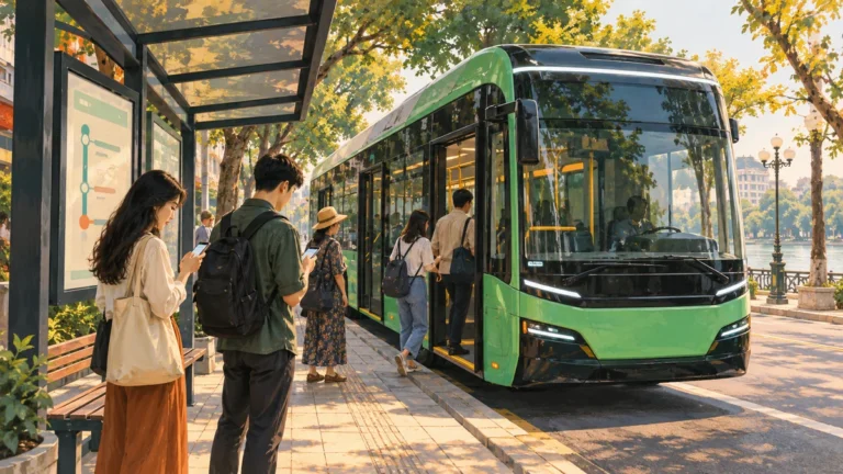 Minh họa xe buýt điện và hành khách tra cứu điểm dừng tại Hà Nội.