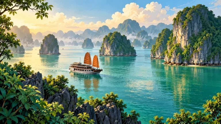 Minh họa thuyền du lịch giữa các đảo đá vôi vịnh Hạ Long.