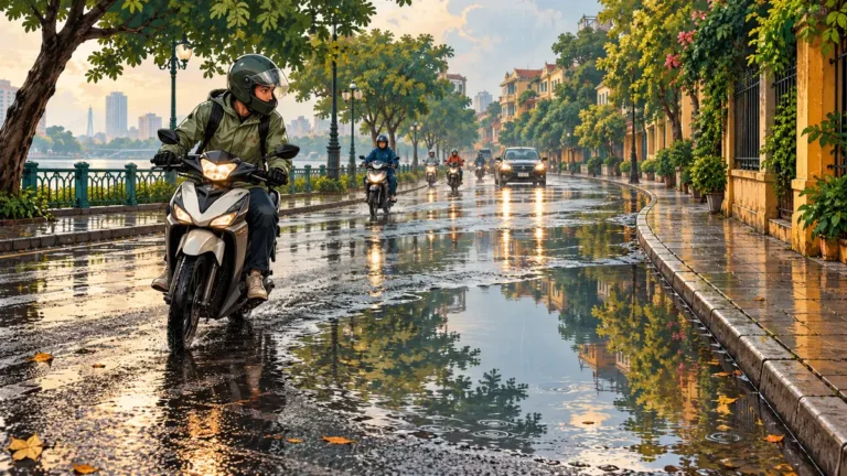 Minh họa người lái xe máy quan sát vũng nước và mặt đường khi trời mưa.