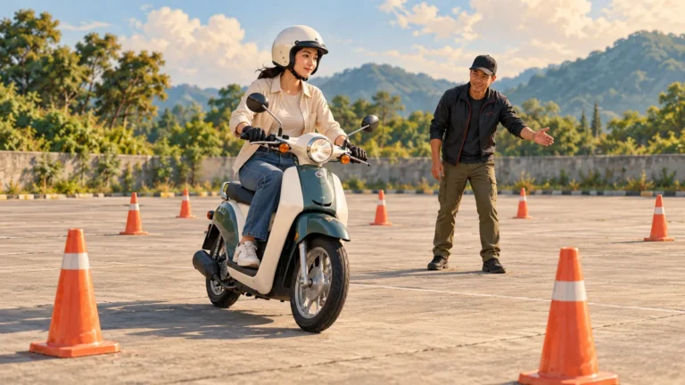 Minh họa người mới tập điều khiển xe 50cc trong bãi tập vắng.