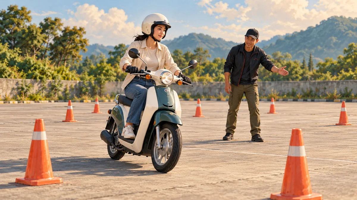 Minh họa người mới tập điều khiển xe 50cc trong bãi tập vắng.