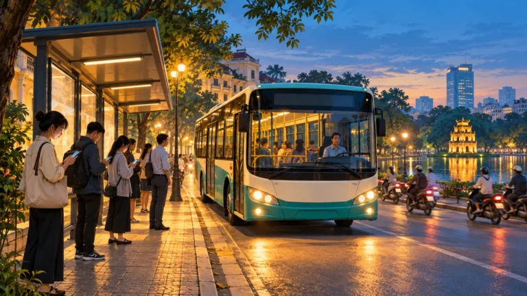 Minh họa xe buýt Hà Nội và hành khách tại điểm dừng buổi tối.