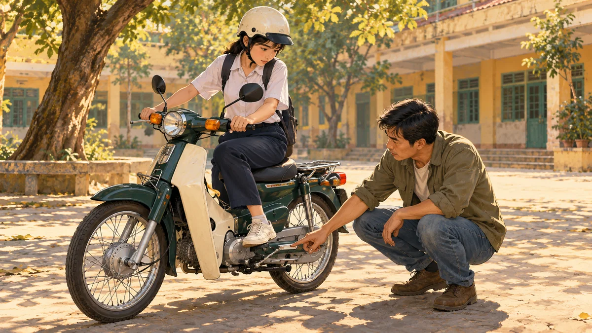 Minh họa học sinh làm quen các bộ phận điều khiển xe Cub 50.