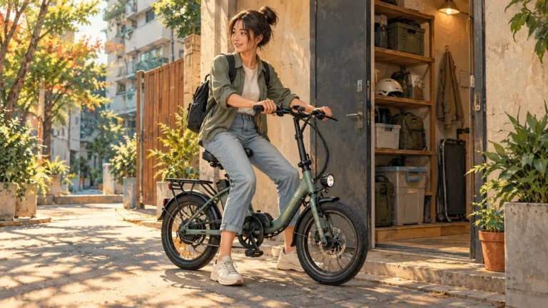Minh họa xe đạp điện bánh nhỏ và tư thế ngồi khi thử xe.