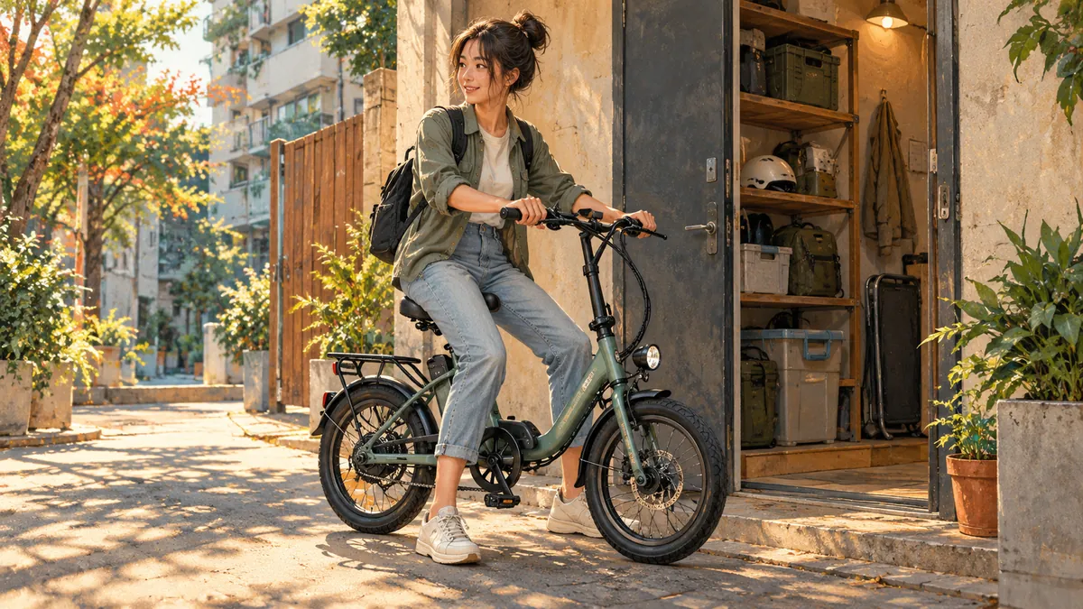 Minh họa xe đạp điện bánh nhỏ và tư thế ngồi khi thử xe.
