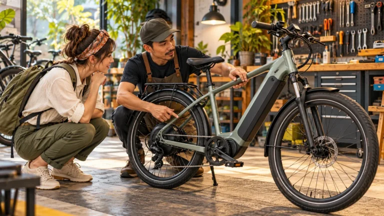 Minh họa cấu tạo xe đạp điện có bàn đạp tại cửa hàng.