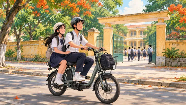 Minh họa học sinh đội mũ bảo hiểm đi xe đạp điện có một người ngồi sau.
