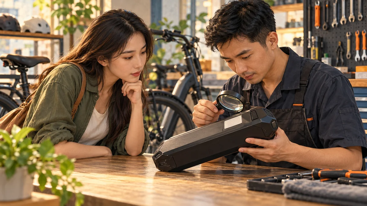 Minh họa đối chiếu nhãn pin lithium của xe đạp điện với thông tin sản phẩm.