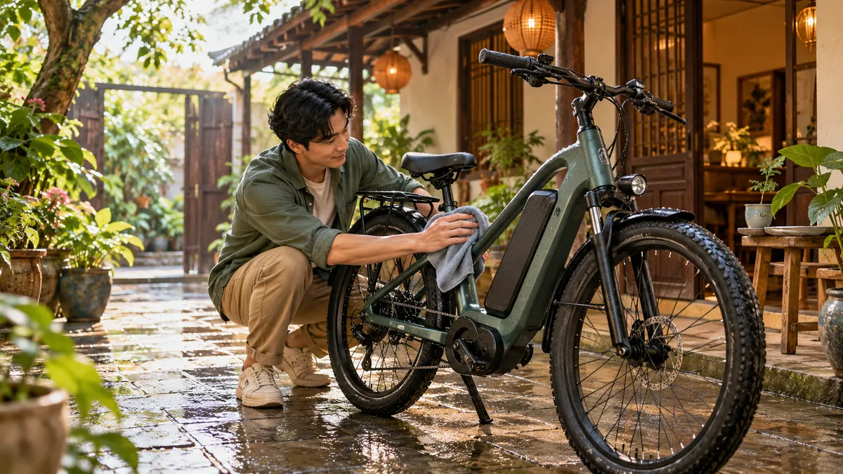 Minh họa lau khô và kiểm tra xe đạp điện sau khi đi mưa.