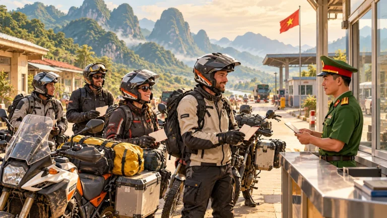 Minh họa đoàn khách đi mô tô chuẩn bị giấy tờ cho hành trình tại Việt Nam.