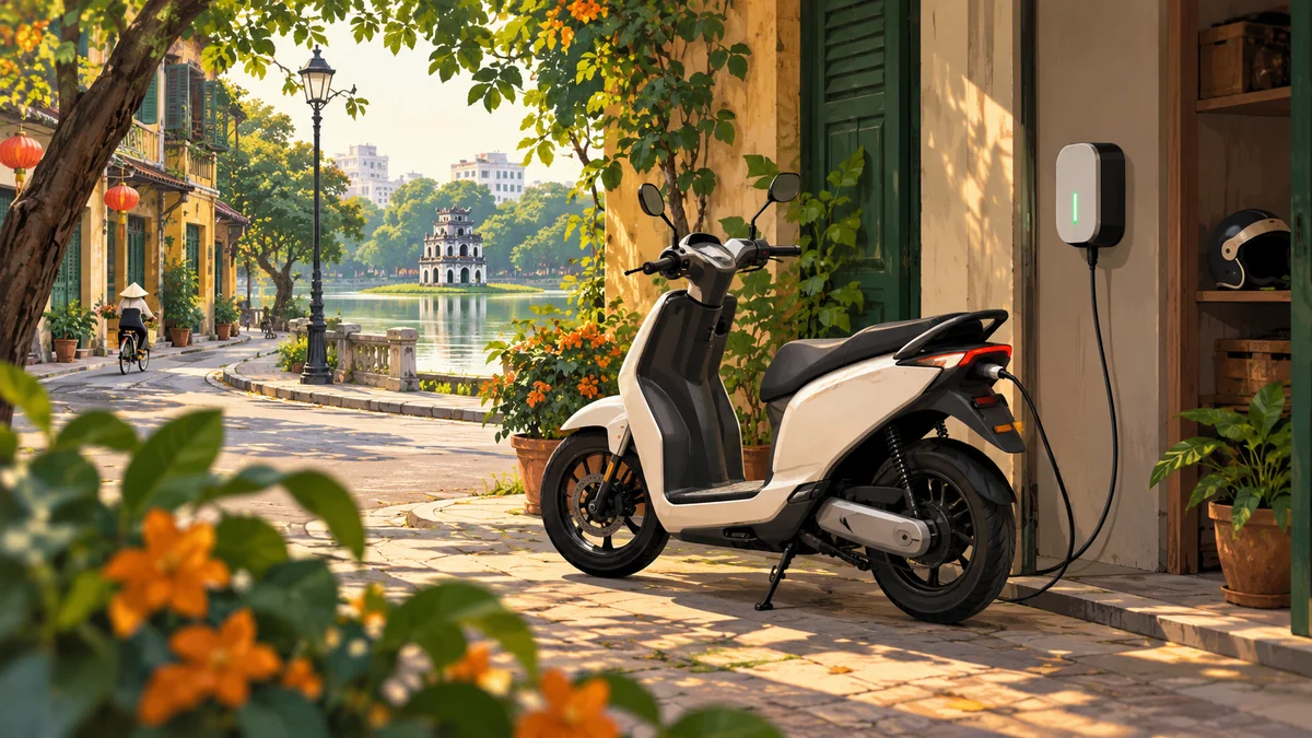 Minh họa xe máy điện sạc trong khu vực khô ráo và hành trình đô thị.