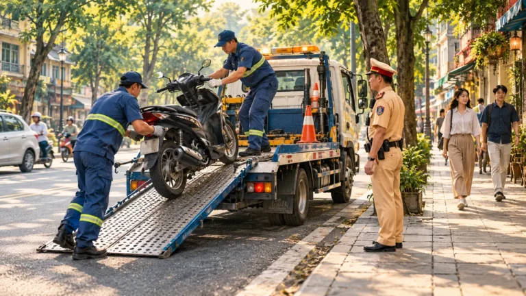Minh họa lực lượng chức năng di chuyển xe máy gây cản trở đường phố.