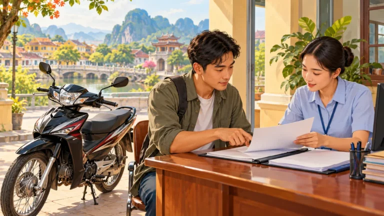 Minh họa người dân chuẩn bị giấy tờ sang tên xe máy.