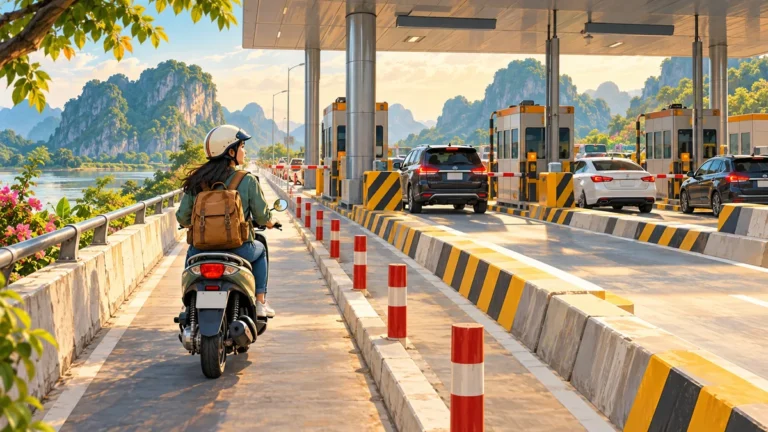 Minh họa xe máy đi theo lối riêng cạnh trạm thu phí trên quốc lộ.
