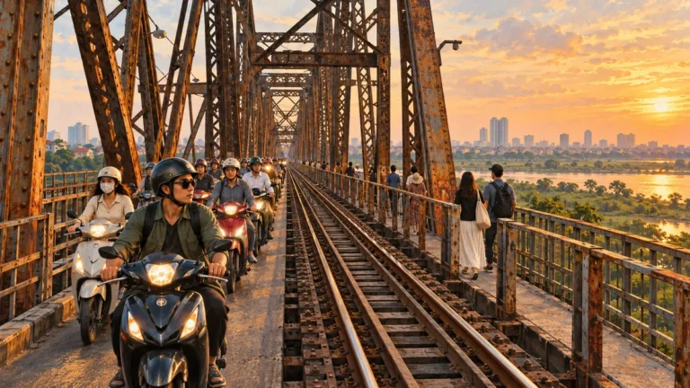 Minh họa xe máy và người đi bộ trên cầu Long Biên vào giờ đông.