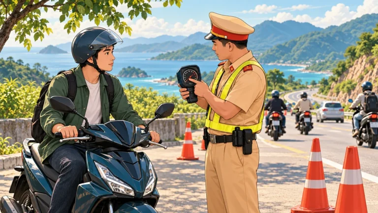 Minh họa kiểm tra tốc độ và chấp hành quy định khi đi xe máy.