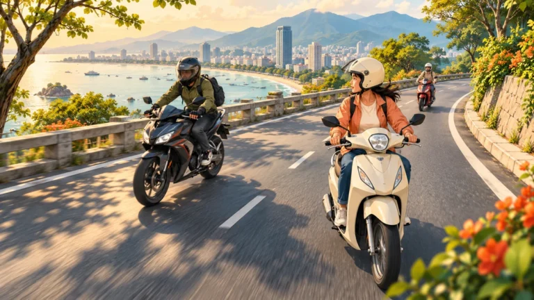Minh họa người đi xe máy giữ khoảng cách và nhường đường an toàn.