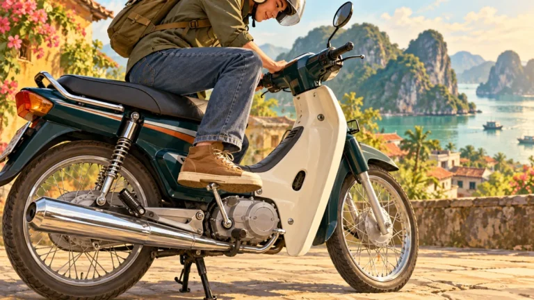 Minh họa người sử dụng cần đạp khởi động trên xe máy số.