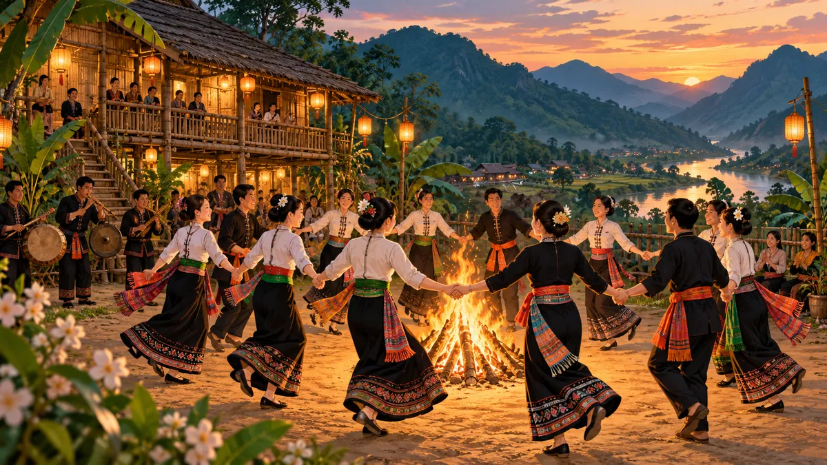 Minh họa điệu xòe vòng của cộng đồng người Thái ở Tây Bắc.